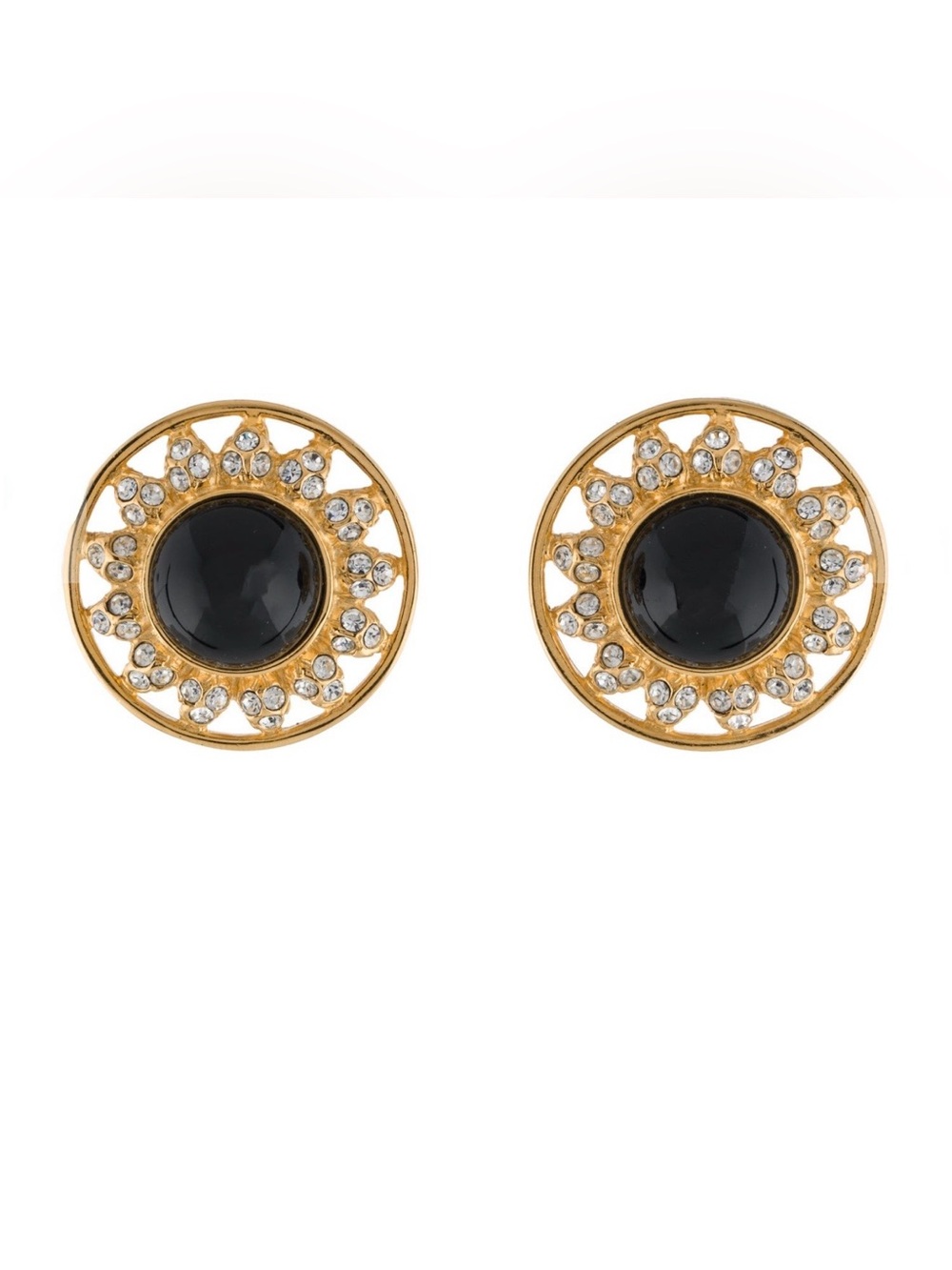 FENDI Vintage Crystal Black Glass Gold Tone Clip-On Earrings